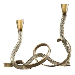 Ribbon Champagne Murano Glass and Hand-Curved Brass Candle Holder