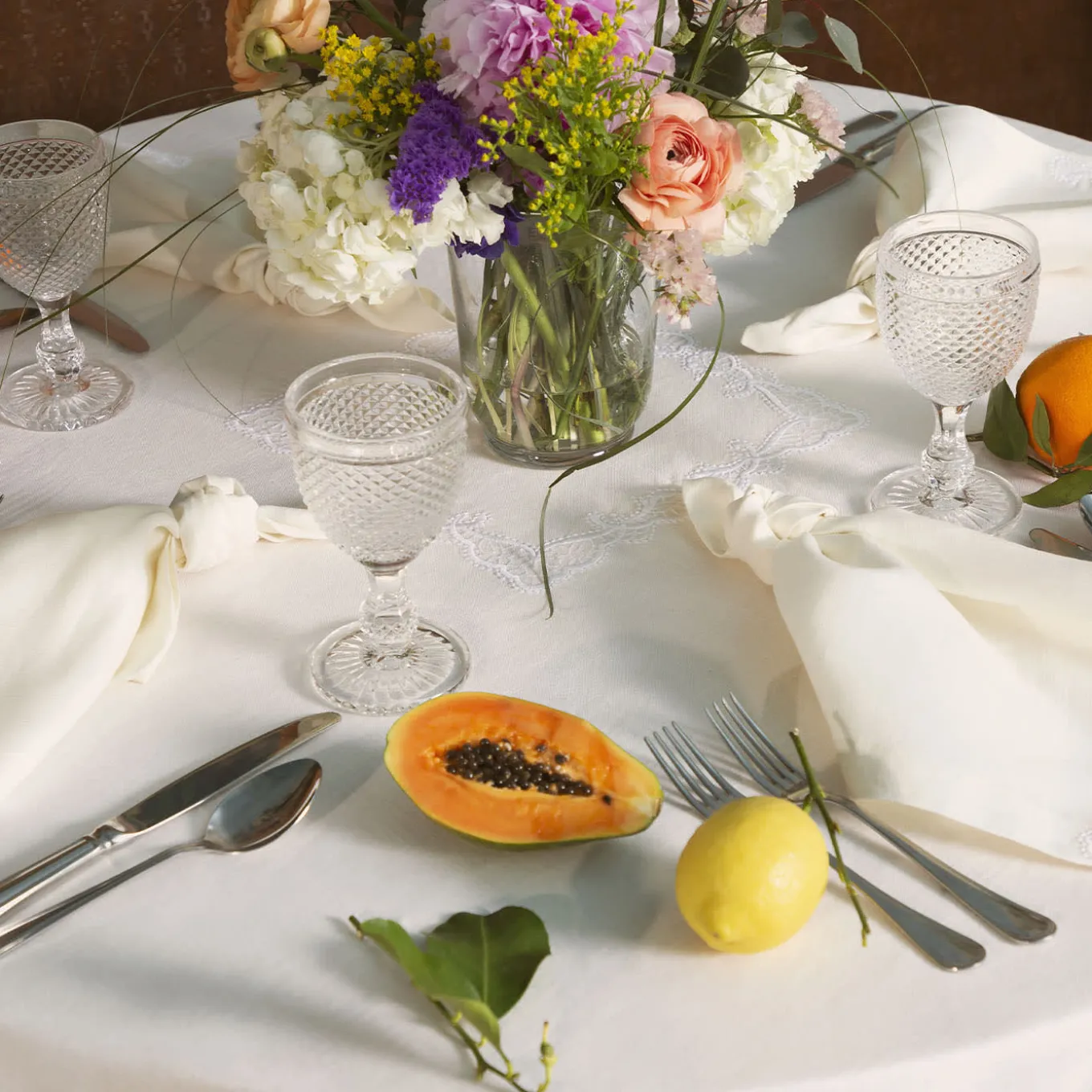Rinascimento Beige-Embroidered Square Linen Tablecloth