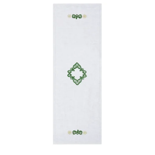 Rinascimento Green-Embroidered White Linen Table Runner