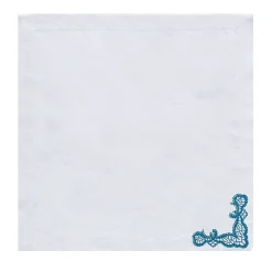 Rinascimento Set of 2 Blue-Embroidered White Linen Napkins