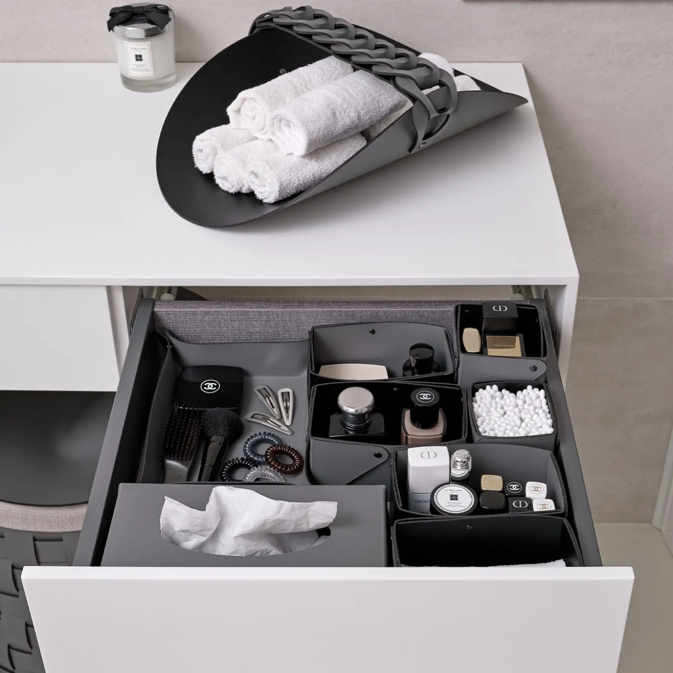 Riviera Black And Gray Leather Hand Towel Basket