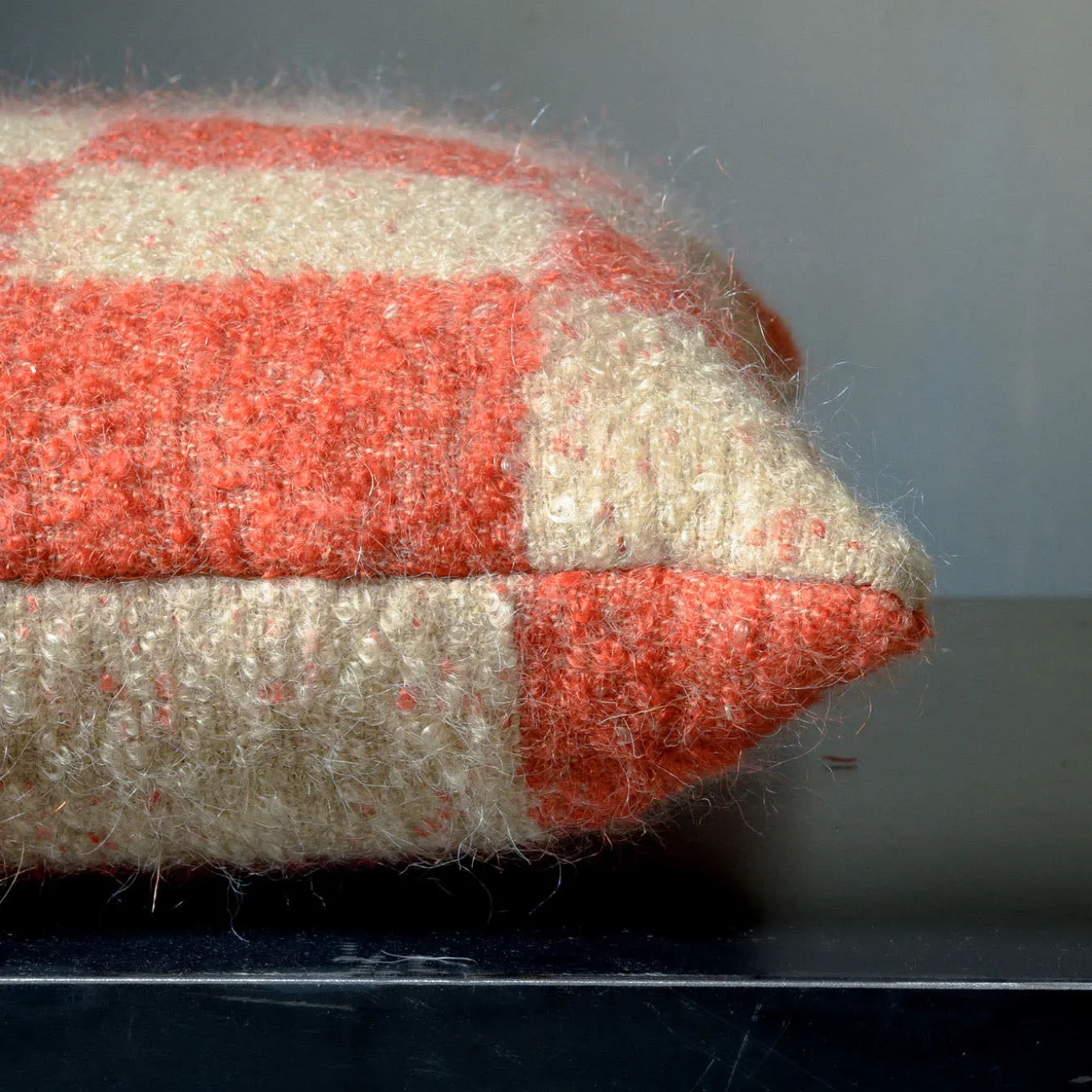 Ronce Square Checkered Orange & Beige Mohair Cushion
