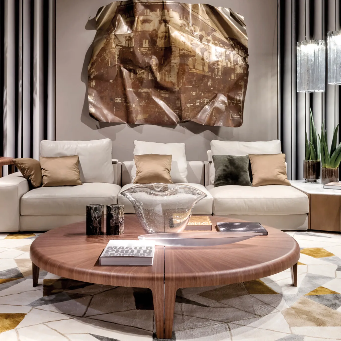 Round Canaletto Walnut Coffee Table with Metal Inlays