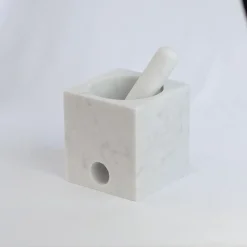 Rounded Cube White Marble Mortar and Pestle