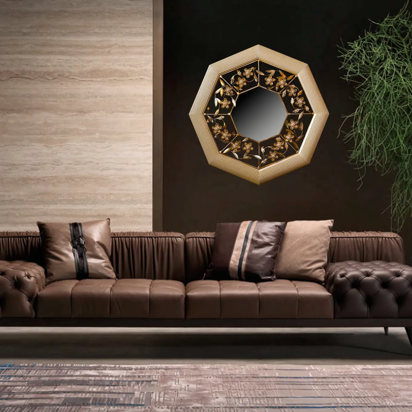 S/14 Floral Carved Octagonal Wall Mirror