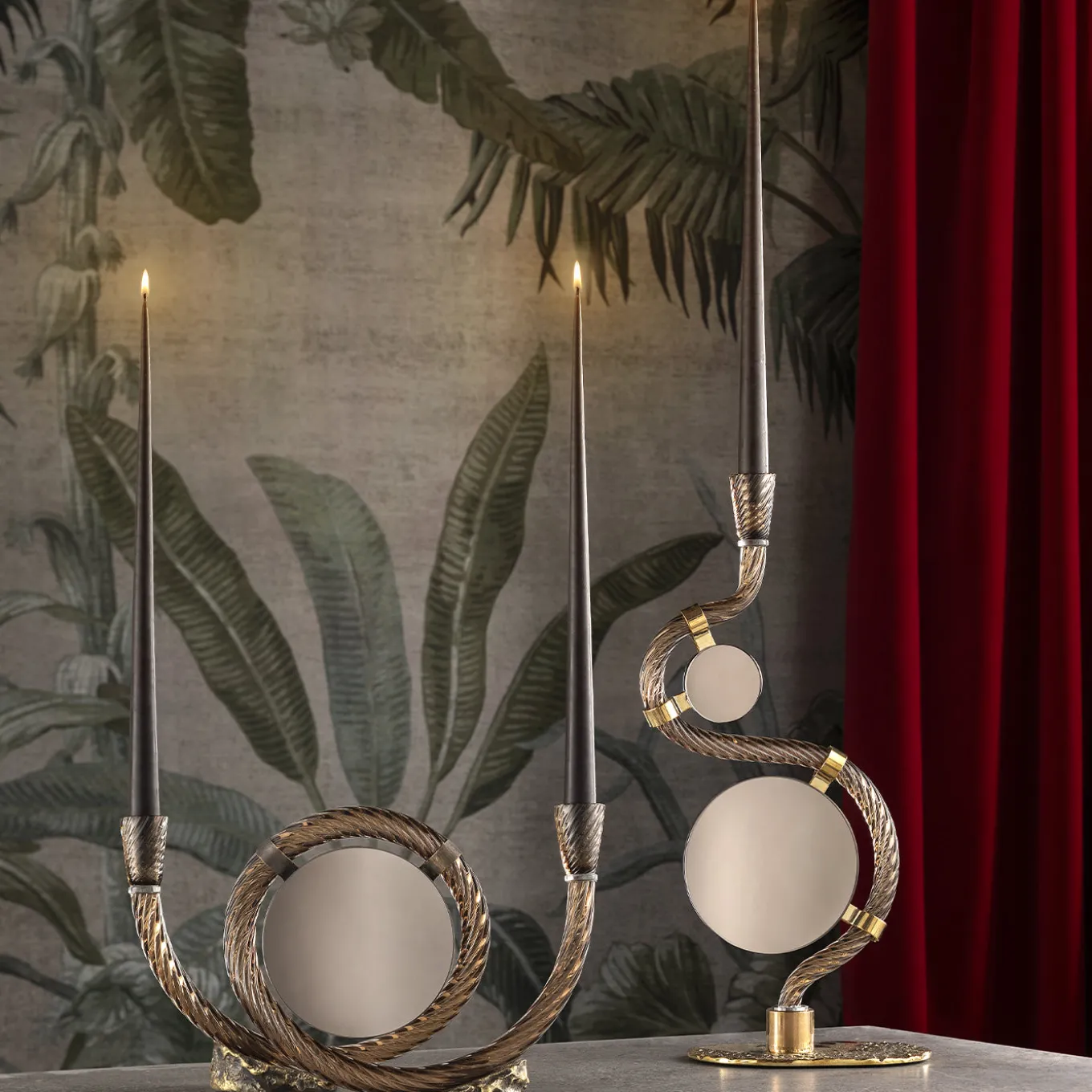 San Marco Mirroring Coffee Brown Murano Glass Candleholder