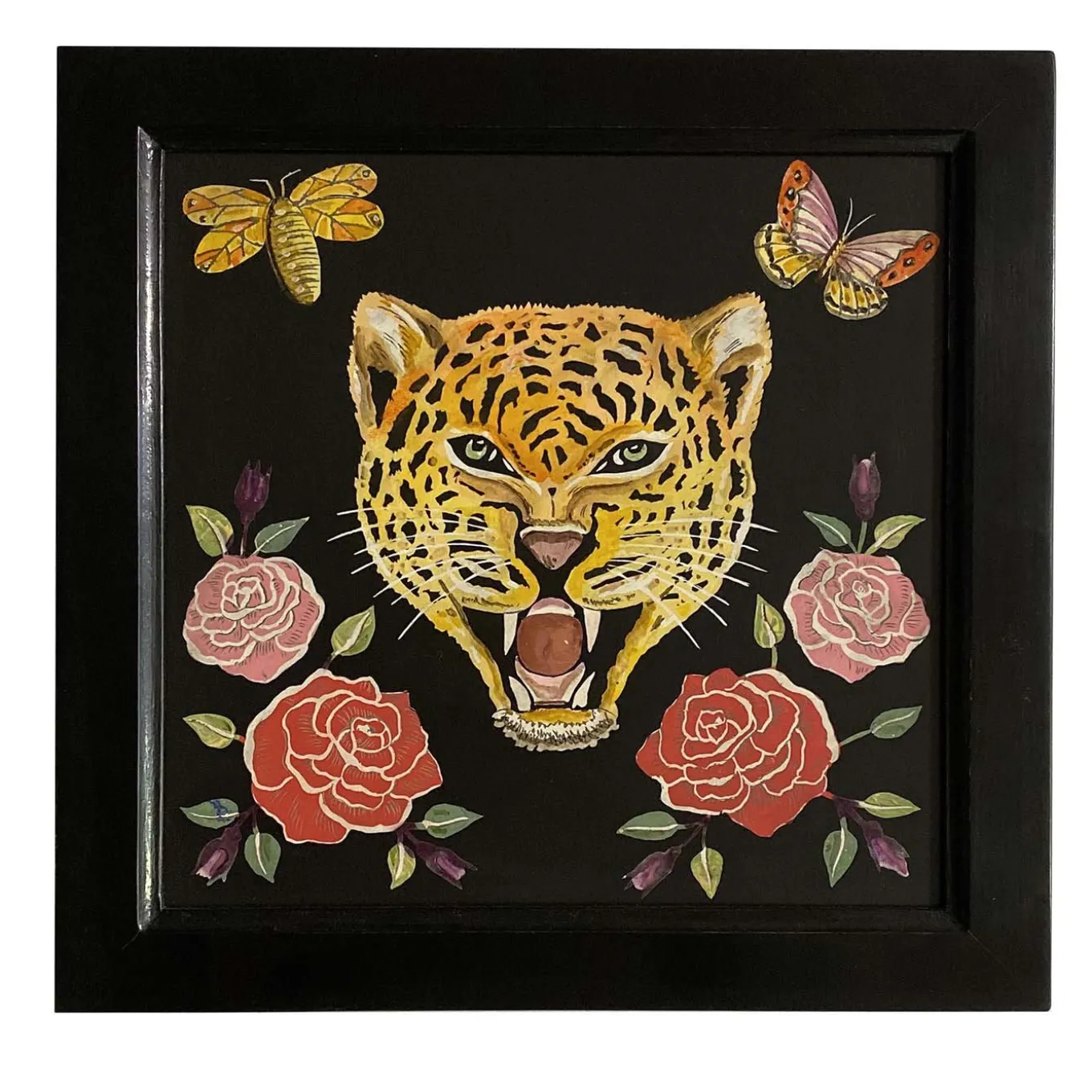 Scagliola Painting Feline with Flowers and Insects