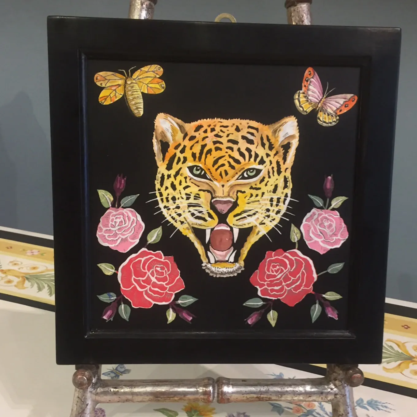 Scagliola Painting Feline with Flowers and Insects