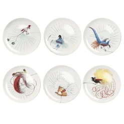 Set of 6 Birds of Paradise white dinner plates