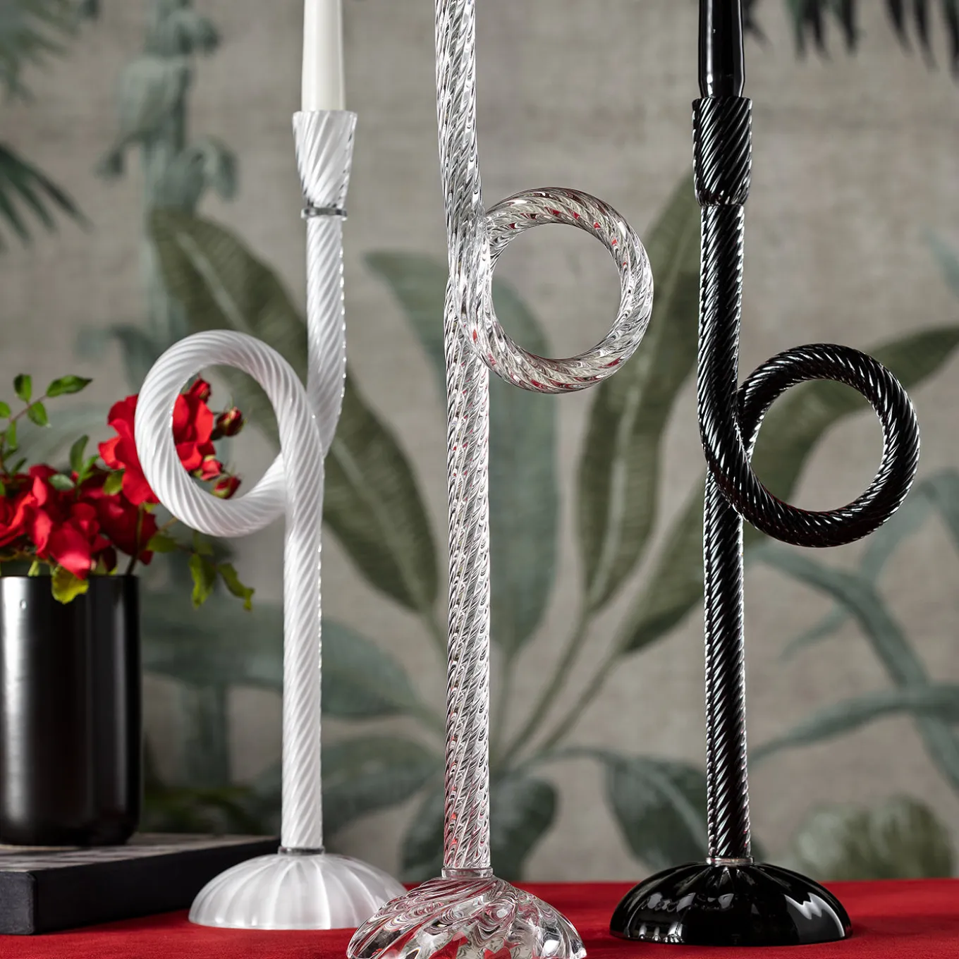 Set of 2 Black Murano Glass Knot Candleholders