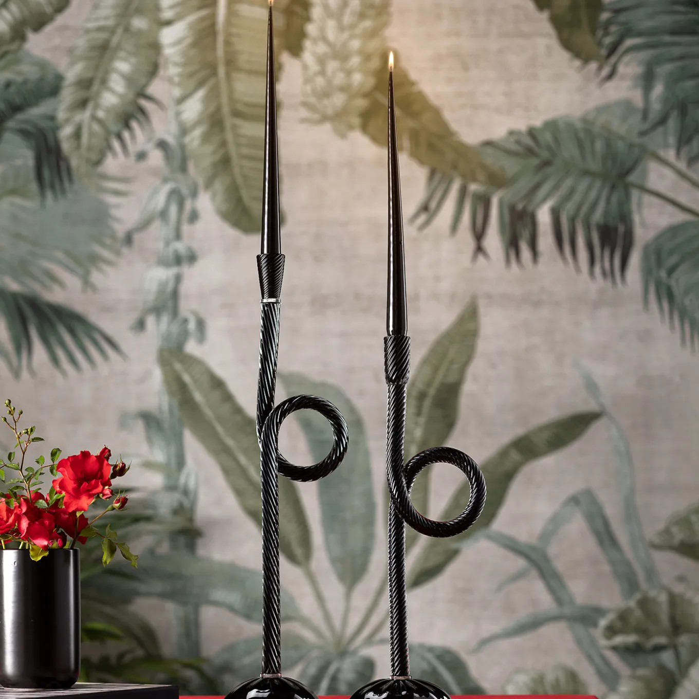 Set of 2 Black Murano Glass Knot Candleholders