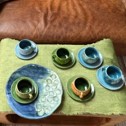 Set of 2 Dragon Green & Orange Espresso Cups with Saucer