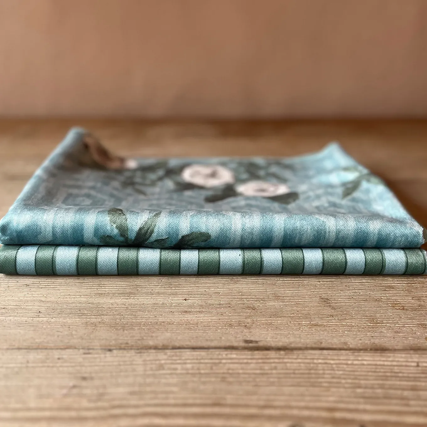 Set of 2 Floral and Striped Light Blue Runners