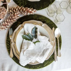 Set of 4 Green Velvet Round Placemats with Wooden Support