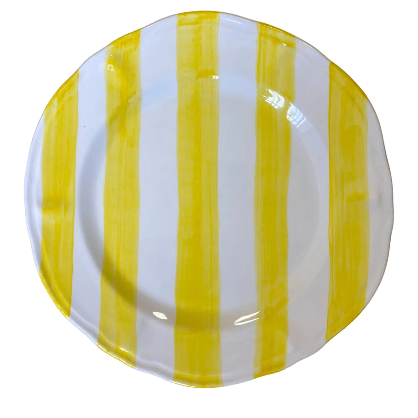 Set Of 4 Hand-Painted Ceramic Dining Plates With Yellow Stripes