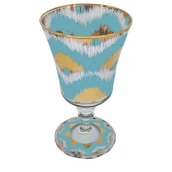 Set of 4 Ikat Gold & Light Blue Wine Glasses