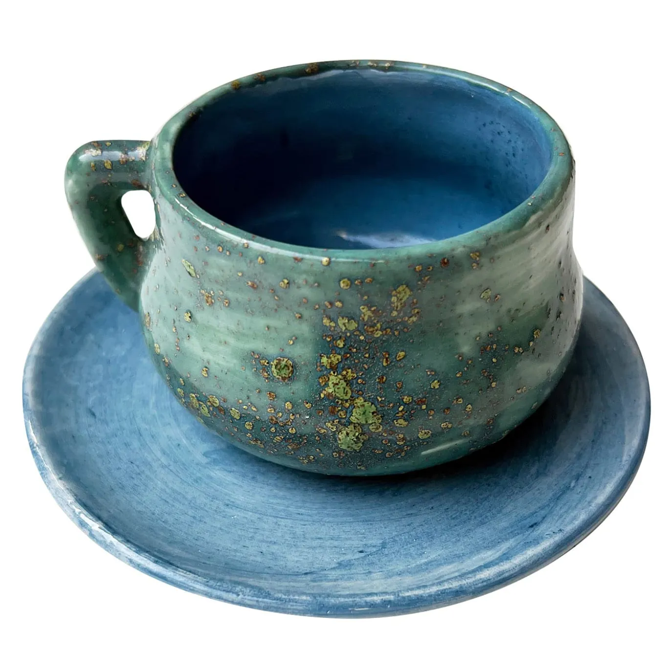 Set of 2 Jade Teal & Blue Espresso Cups with Saucer