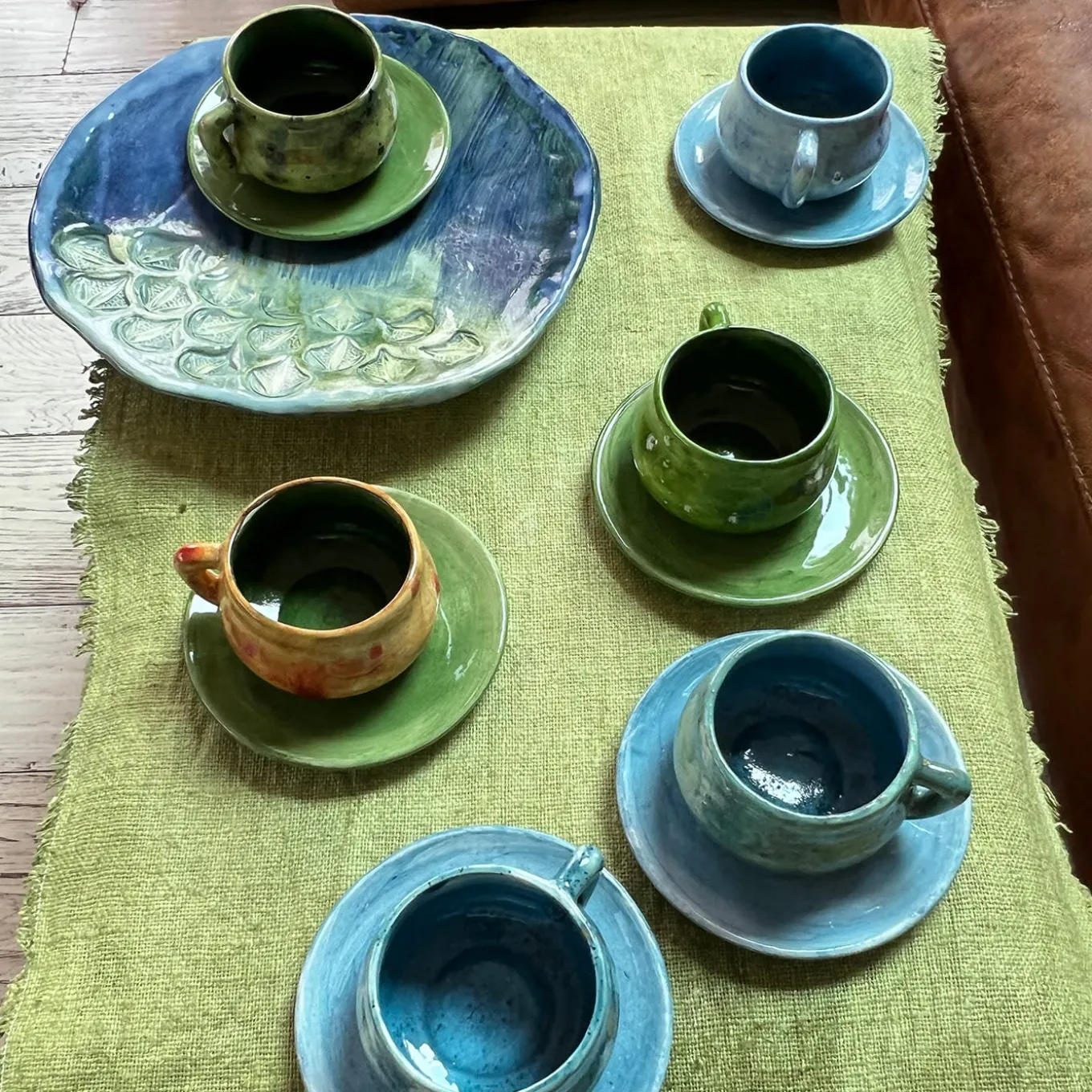 Set of 2 Kiwi Green Espresso Cups with Saucer