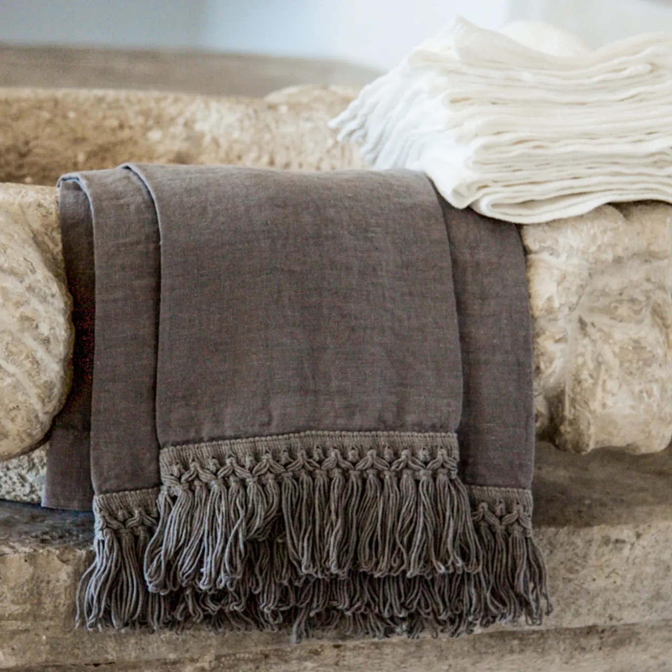 Set of 2 Light Blue Linen Towels with Long Fringes