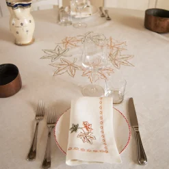 Set of 4 Maple Leaf Embroidered Beige Linen Napkins