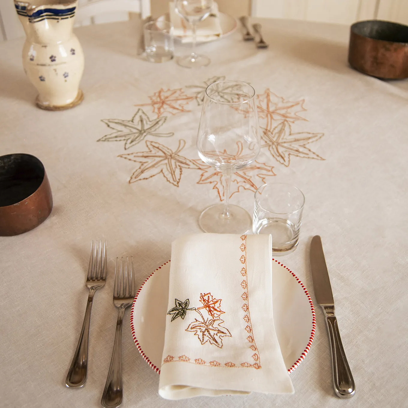 Set of 4 Maple Leaf Embroidered Beige Linen Napkins
