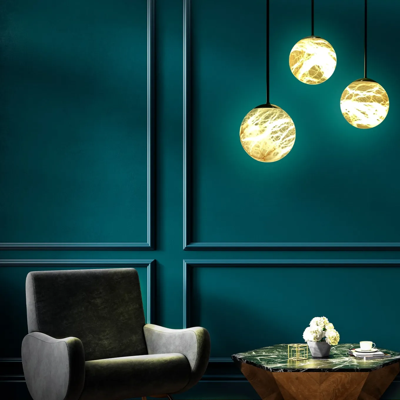 Set of 3 "Maxi Alabaster Moon" Pendants