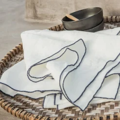 Set of 4 Natural Linen Napkins with Stone Blue Rolled Hem