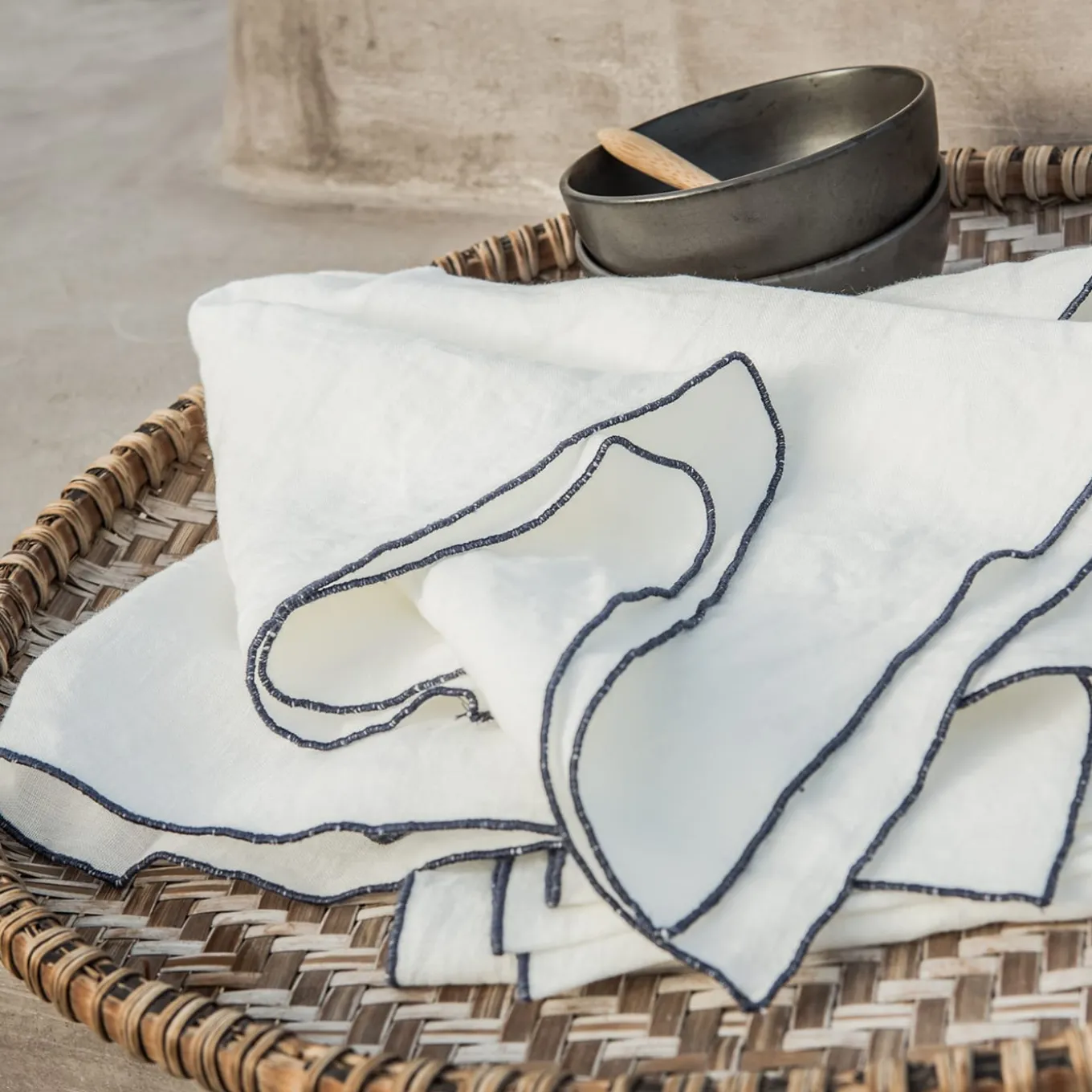 Set of 4 Natural Linen Napkins with Stone Blue Rolled Hem