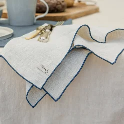 Set of 4 Natural Linen Napkins with Stone Blue Rolled Hem