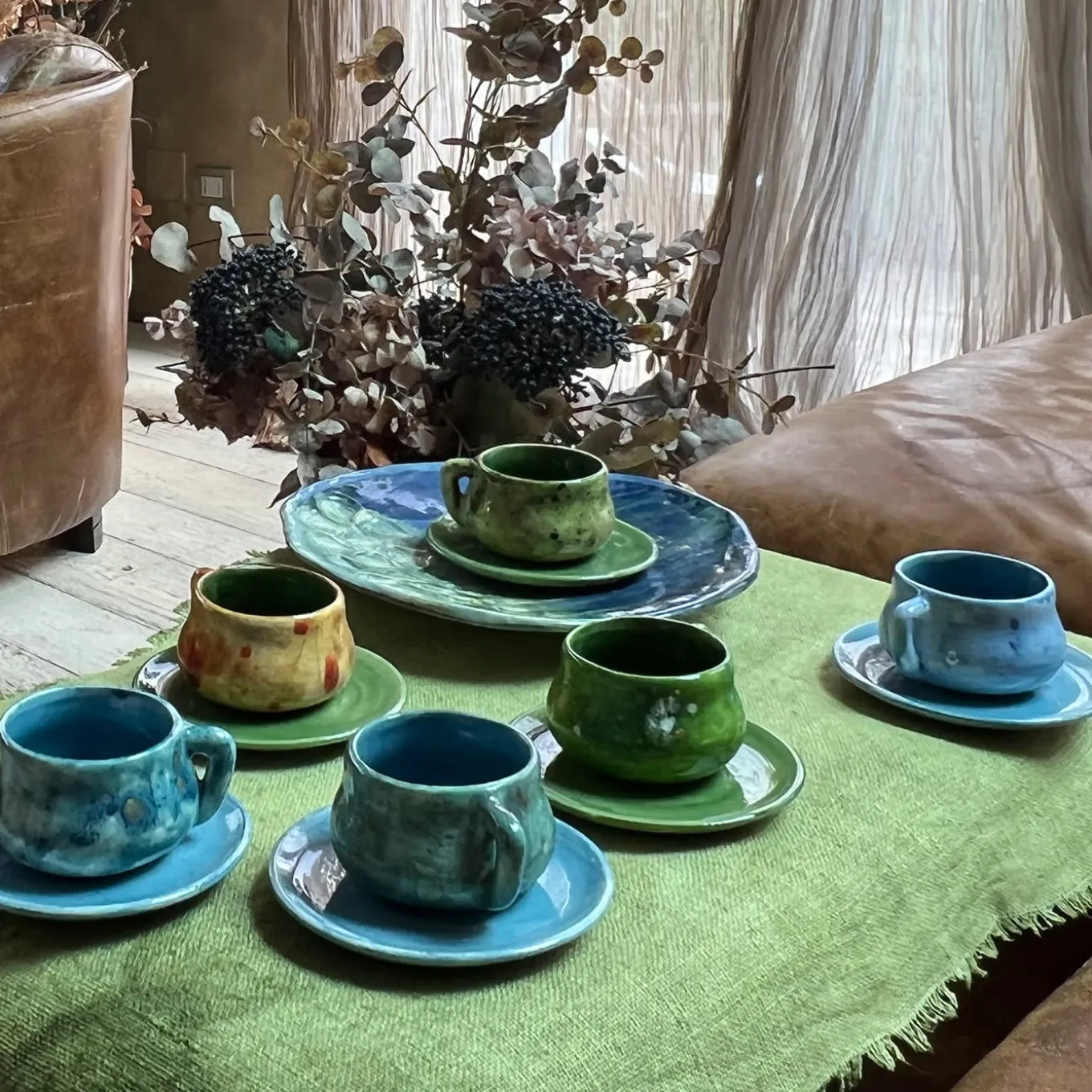 Set of 2 Pagoda Green Espresso Cups with Saucer