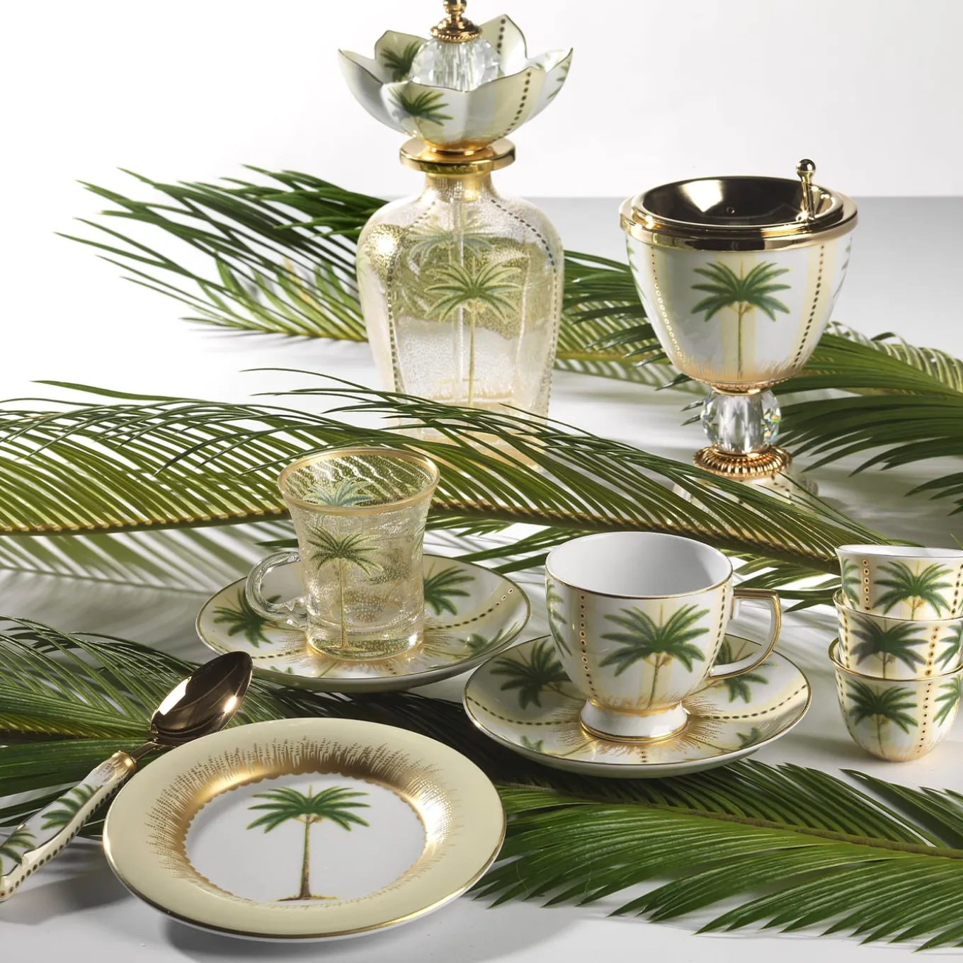 SET OF 6 PALM PORCELAIN CUPS AND SAUCERS