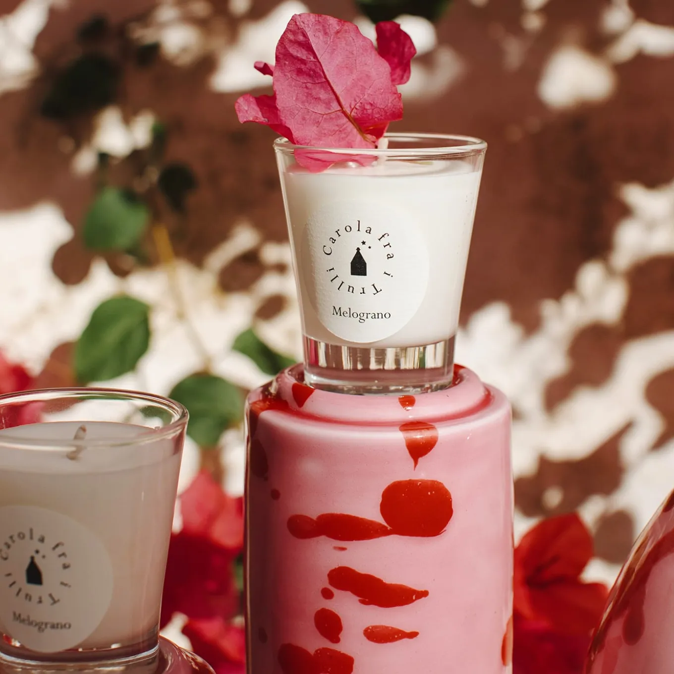 Set of 2 Pink Candle Holders with 4 Candles Fragrance Pomegranate