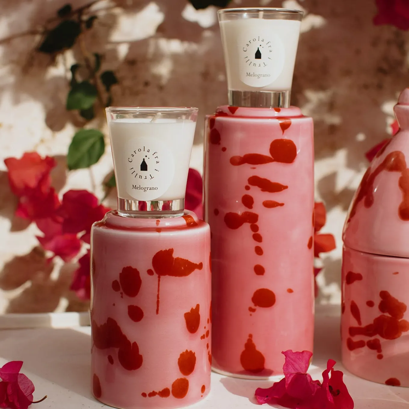 Set of 2 Pink Candle Holders with 4 Candles Fragrance Pomegranate