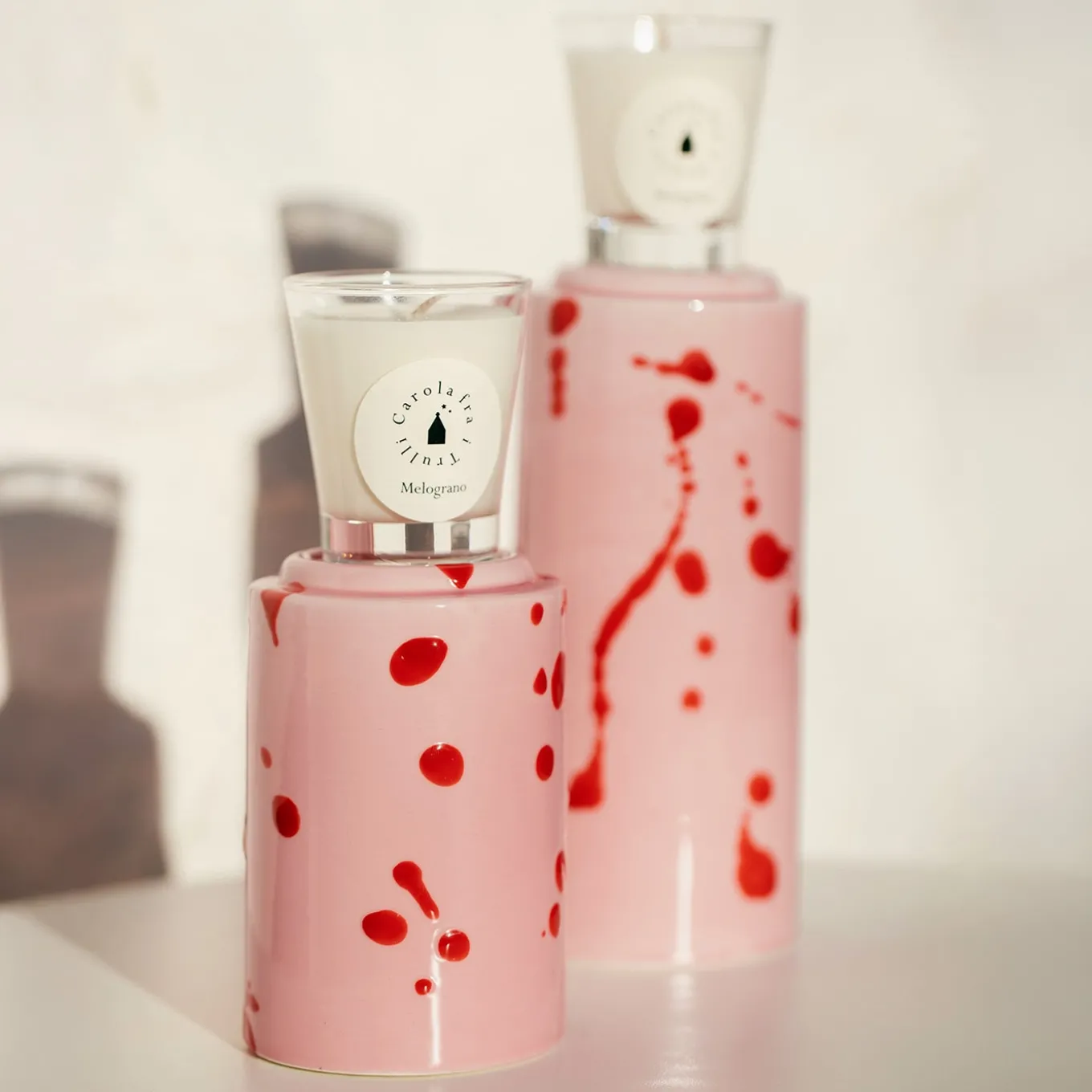 Set of 2 Pink Candle Holders with 4 Candles Fragrance Pomegranate