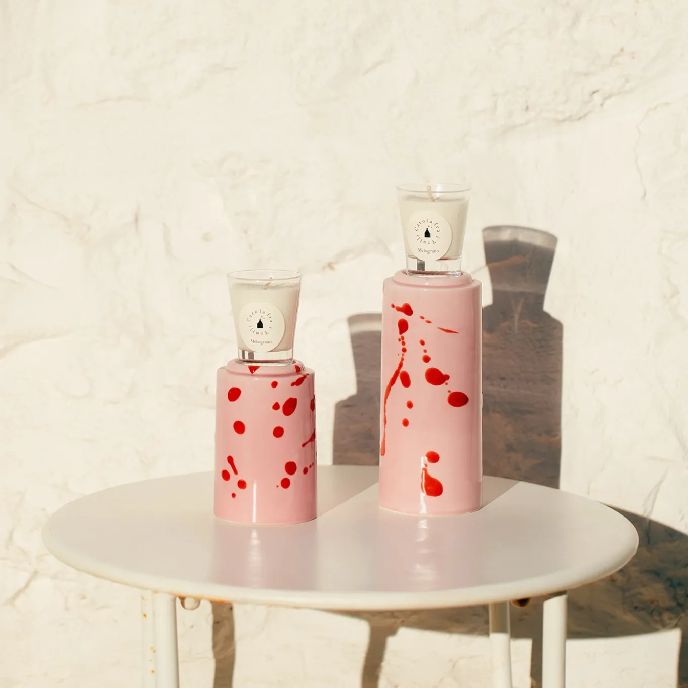 Set of 2 Pink Candle Holders with 4 Candles Fragrance Pomegranate
