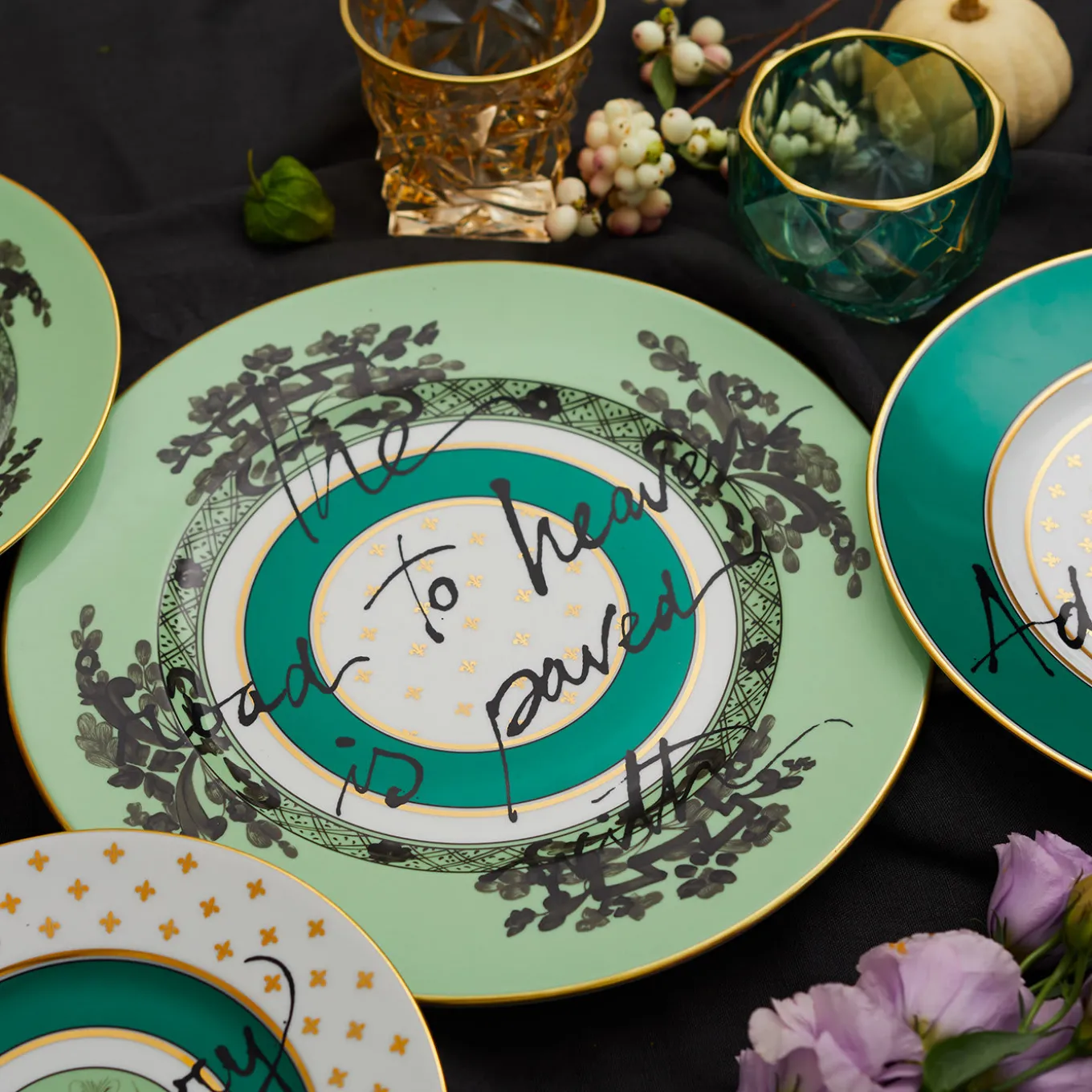 Set of 3 Plates The Road to Heaven Is Paved with Excess in Green