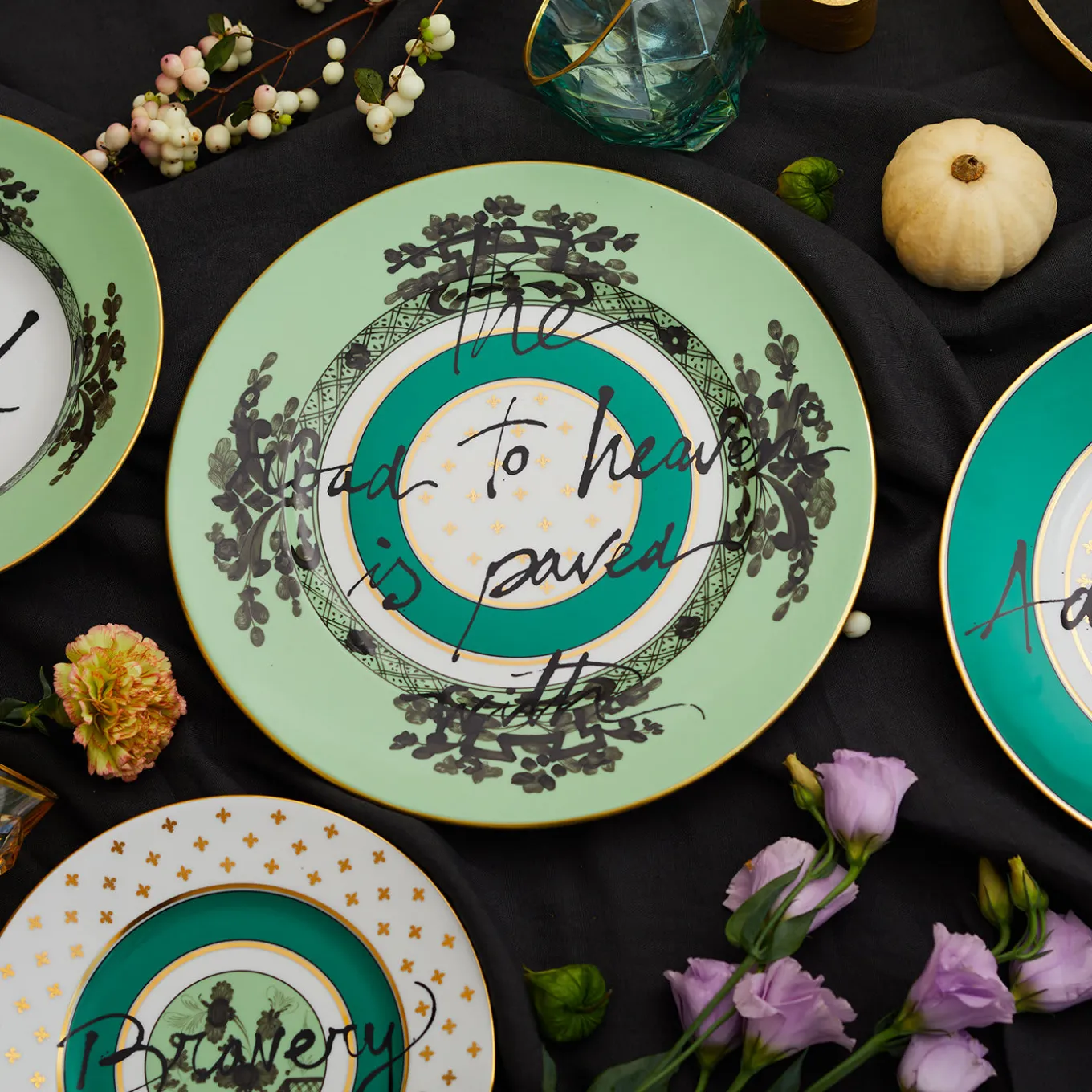 Set of 3 Plates The Road to Heaven Is Paved with Excess in Green