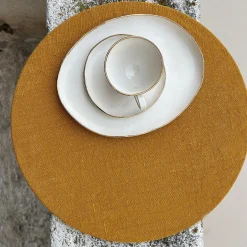 Set Of 4 Round Linen Placemat With Wooden Support