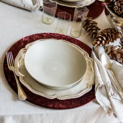 Set of 4 Round Red Velvet Placemat Covers with Wooden Support