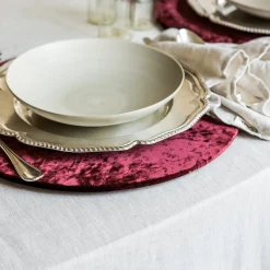 Set of 4 Round Red Velvet Placemat Covers with Wooden Support