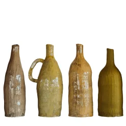 Set of 4 Small Ochre Yellow Ceramic Decorative Bottles