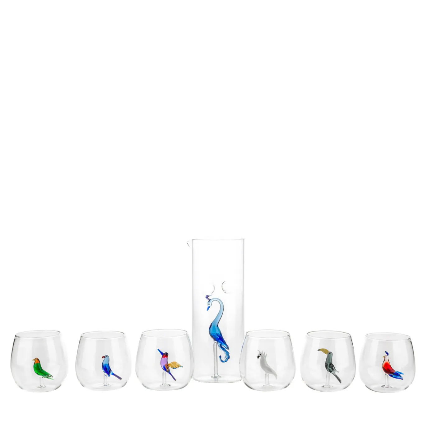 Set of 6 Tropical Bird Glasses and Peacock Pitcher