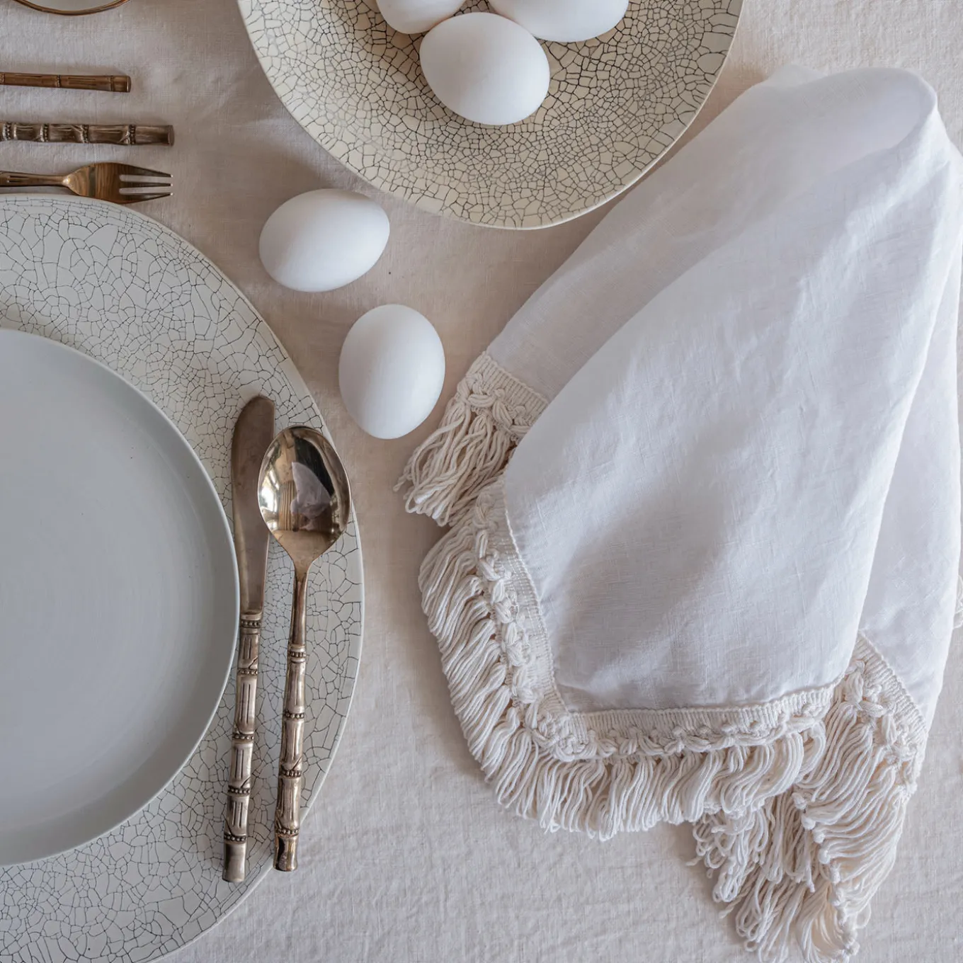 Set of 4 White Napkins with Long Fringe