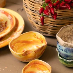 Set of 4 Yellow Marble Motif Ceramic Ice-Cream Bowls