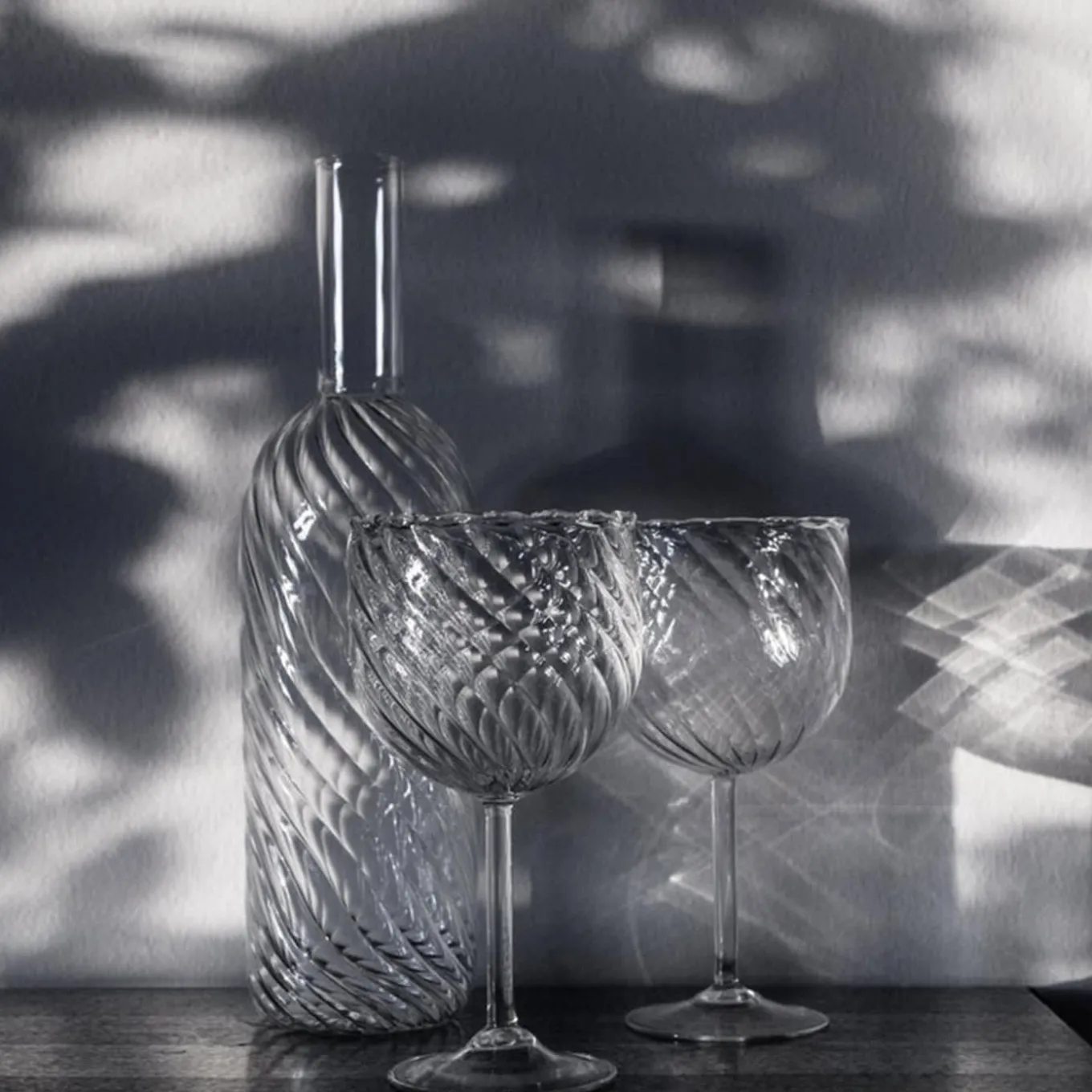 Set of Blown Glass Dafne Bottle and 2 Glasses