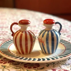 Set of Ceramic Red and Blue Olive Oil and Vinegar Bottles