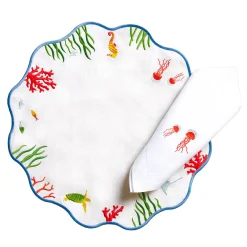 Set of Corals And Jellyfish Round Linen Placemat And Napkin