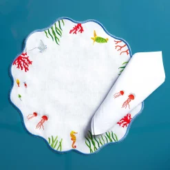 Set of Corals And Jellyfish Round Linen Placemat And Napkin
