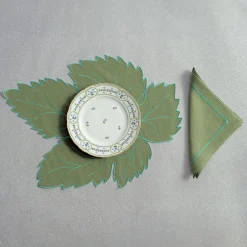 Set of Foglia Hand Embroidered Linen Placemat and Napkin