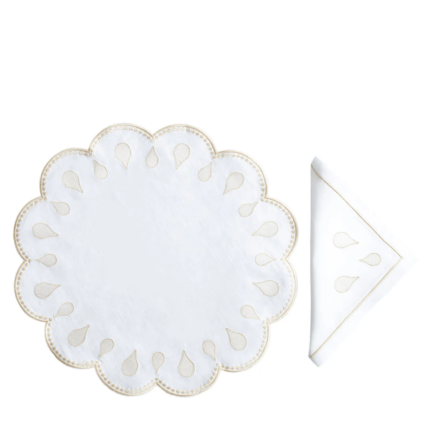 Set Of Gocce Gold Round Linen Placemat And Napkin